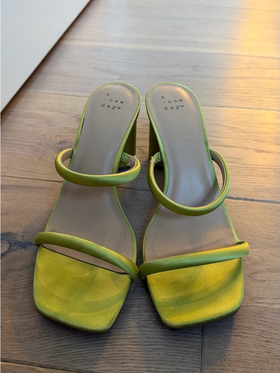 a new day Shoes - Neon Green Satin Double-Strap Block Heel Mules